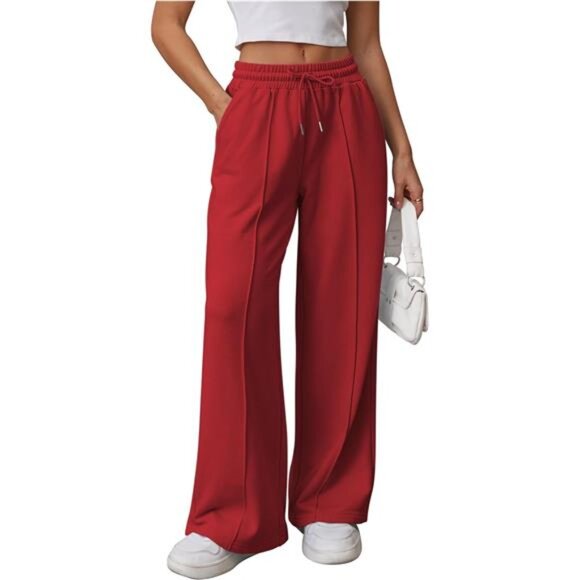 Womens Wide Leg Sweatpants High Waisted Red - Picture 1 of 6